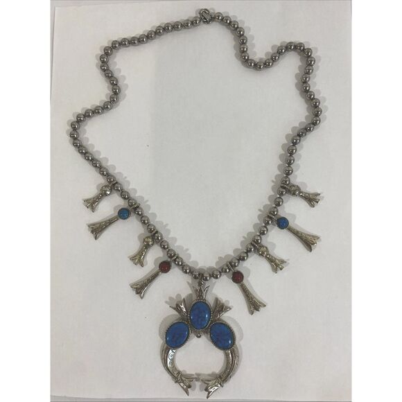 Vtg Arthur Pepper Faux Southwestern Squash Blossom Necklace Silver Turquoise - Picture 2 of 10
